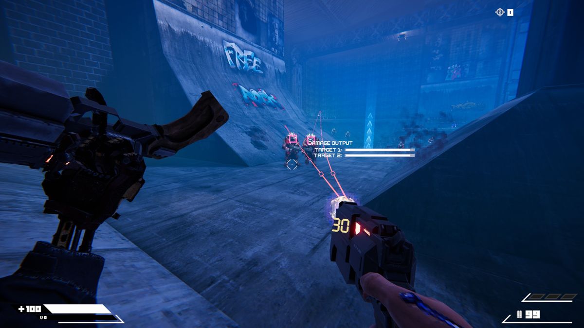 Turbo Overkill (Windows) screenshot: Each weapon has a secondary firing mode that needs to be purchased or unlocked. Here it is used to lock on to enemies. (v1.0)
