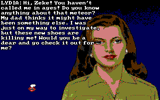 Leather Goddesses of Phobos! 2: Gas Pump Girls Meet the Pulsating Inconvenience from Planet X (DOS) screenshot: Talking to Lydia (Tandy/PCjr)