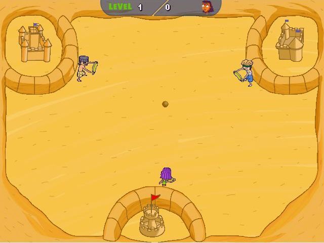 Rocket Power: Extreme Arcade Games (Windows) screenshot: A single player game of Sandcastle Slam! This game did not play correctly, It may be me but I found that balls would hit the sand walls and bounce off. Any damage dome by the impact was reset