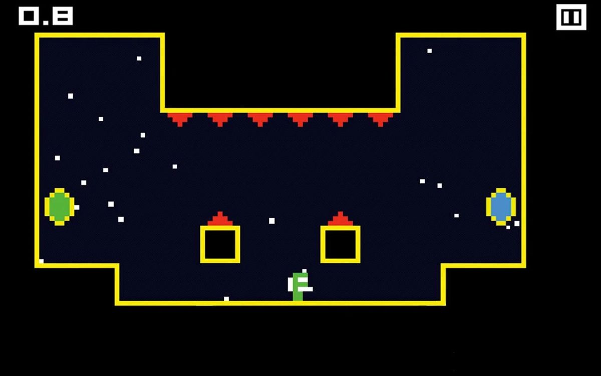 Commander Pixman (Android) screenshot: A level with portals and spikes