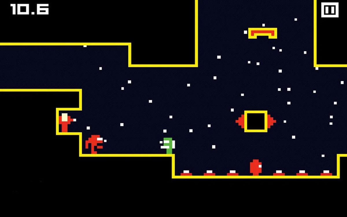 Commander Pixman (Android) screenshot: A level showcasing several hazards: spikes, mines, 2 different turrets, and a laser-shooting enemy