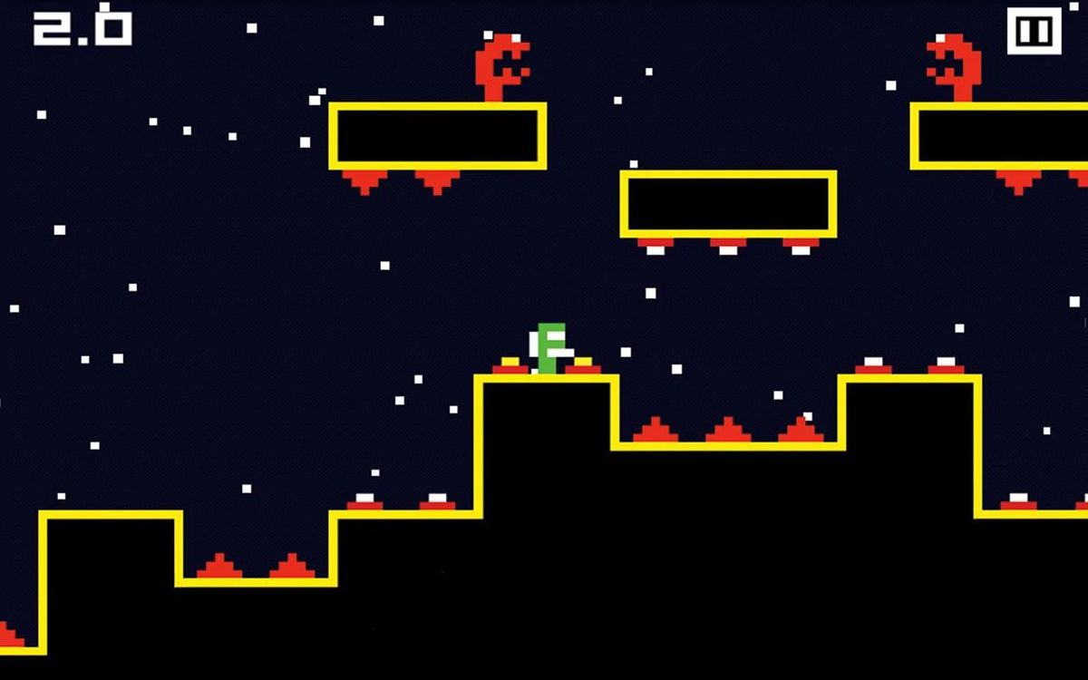 Commander Pixman (Android) screenshot: Early level with spikes, mines, and the basic enemy