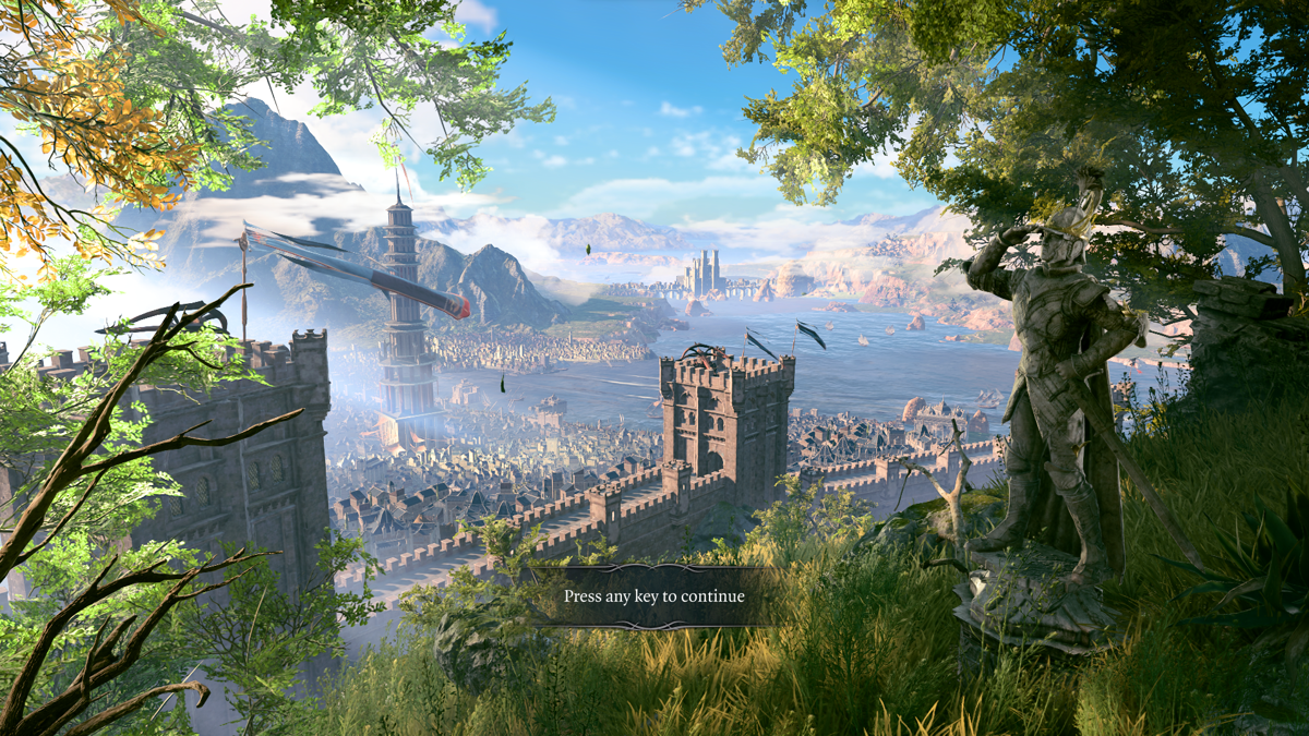 Baldur's Gate III (Windows) screenshot: The game initially loads into a skyline of Baldur's Gate...
