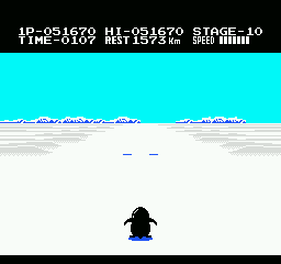 Antarctic Adventure (NES) screenshot: "1573km is just 107 seconds. I don't think I can make that"