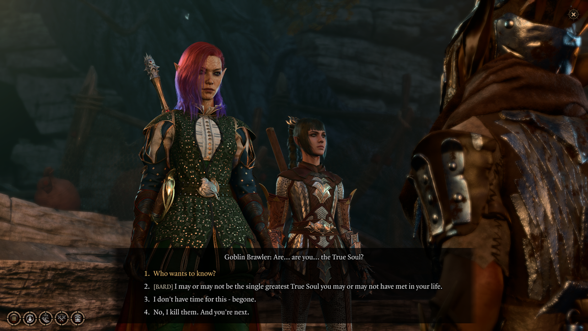 Baldur's Gate III (Windows) screenshot: Depending on the class and chosen background, unique options may appear during discussions.