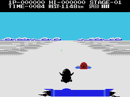Antarctic Adventure (ColecoVision) screenshot: Jumping over an ice crevice