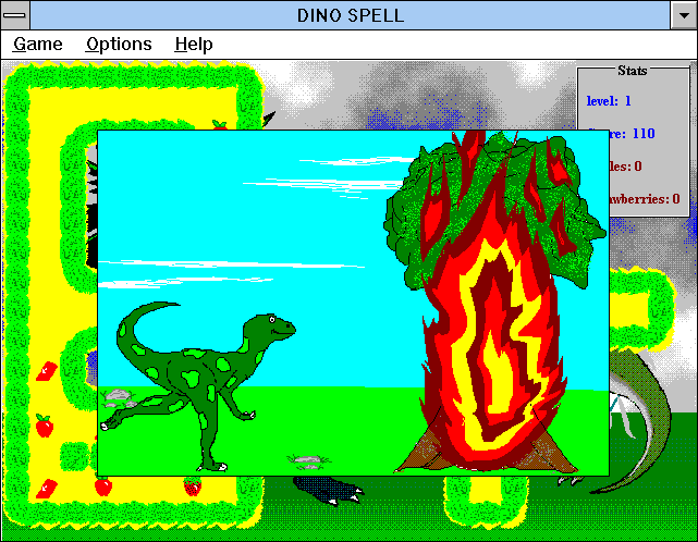 Dino Spell (Windows 3.x) screenshot: Burn it all up (V 2.0)