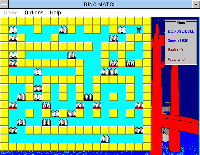 Dino Match (Windows 16-bit) screenshot: Books in the bonus level