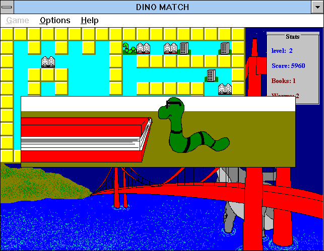 Dino Match (Windows 3.x) screenshot: I got myself a bookworm