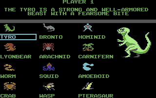 Mail Order Monsters (Commodore 64) screenshot: 12 different monster types are available