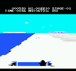 Antarctic Adventure (NES) screenshot: Oops. Fell into an ice crevice