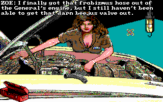 Leather Goddesses of Phobos! 2: Gas Pump Girls Meet the Pulsating Inconvenience from Planet X (DOS) screenshot: Zoe is here (Tandy/PCjr)
