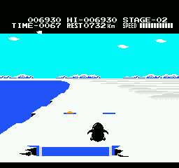 Antarctic Adventure (NES) screenshot: Jumping over an ice crevice