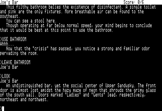 Leather Goddesses of Phobos (Apple II) screenshot: Begin the game at Joe's Bar (80-column mode)