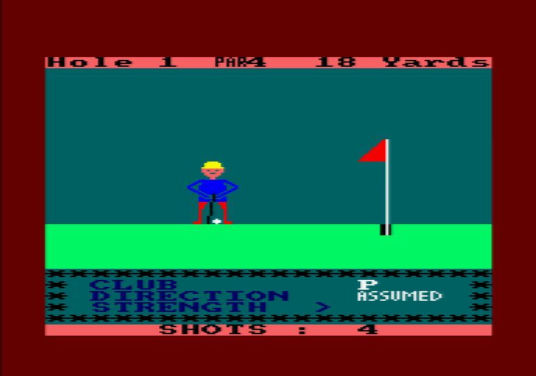 Amsgolf (Amstrad CPC) screenshot: Lining up the perfect shot on the green