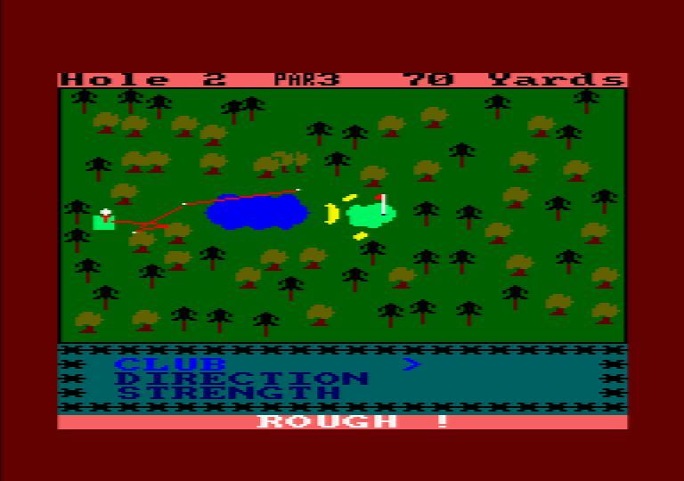 Amsgolf (Amstrad CPC) screenshot: A bad start on the second but we've avoided the lake at least