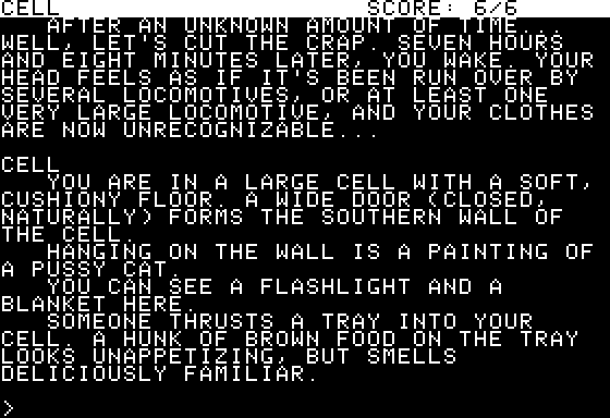 Leather Goddesses of Phobos (Apple II) screenshot: Trapped in a cell (40-column mode)