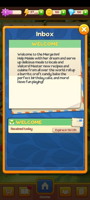 Merge Inn (Android) screenshot: Welcoming message