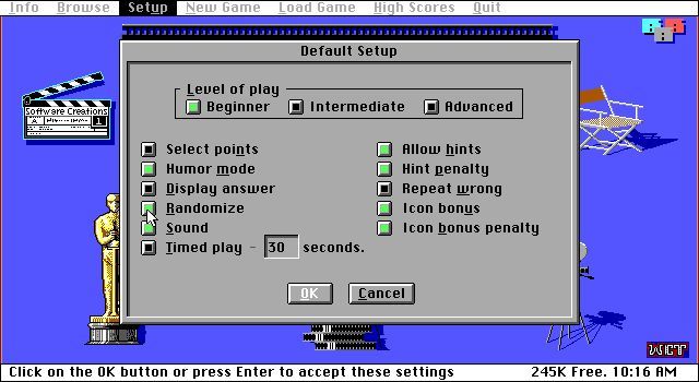 Movies Trivia (DOS) screenshot: The game customisation options