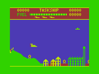 Taskship (Dragon 32/64) screenshot: Flying my Ship over a City