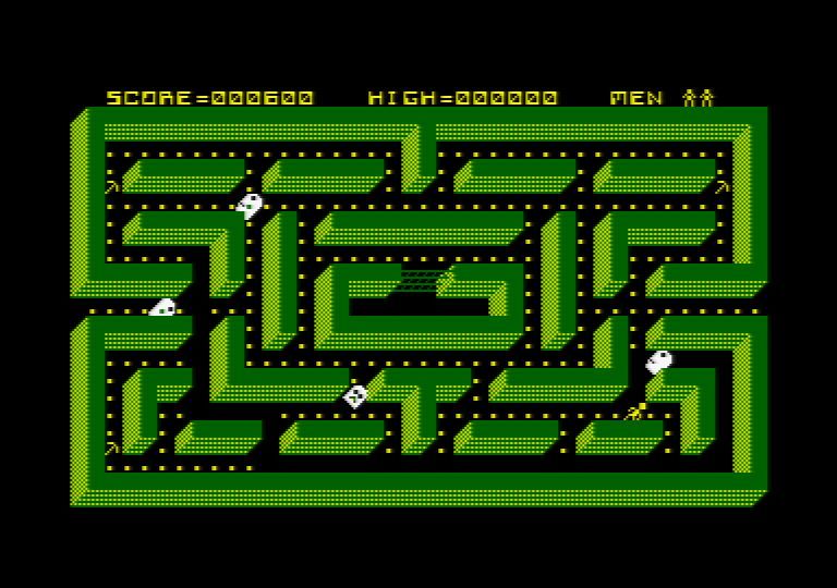 Haunted Hedges (Amstrad CPC) screenshot: Armed with a pick-axe, the tables are turned