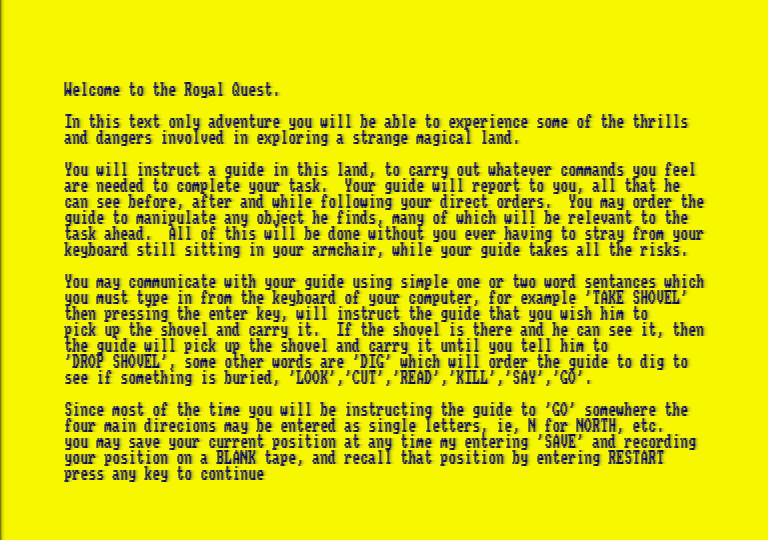 The Royal Quest (Amstrad CPC) screenshot: Instructions for the novice adventurer