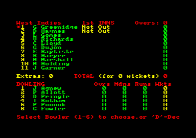 Test Match + One Day Cricket (Amstrad CPC) screenshot: England to choose their opening bowler