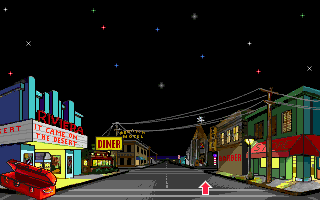Leather Goddesses of Phobos! 2: Gas Pump Girls Meet the Pulsating Inconvenience from Planet X (DOS) screenshot: Welcome to downtown Atom City (MCGA/VGA)