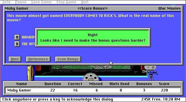 Movies Trivia (DOS) screenshot: The game gives occasional humorous response, these are optional