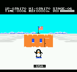 Antarctic Adventure (NES) screenshot: Reached USA Base