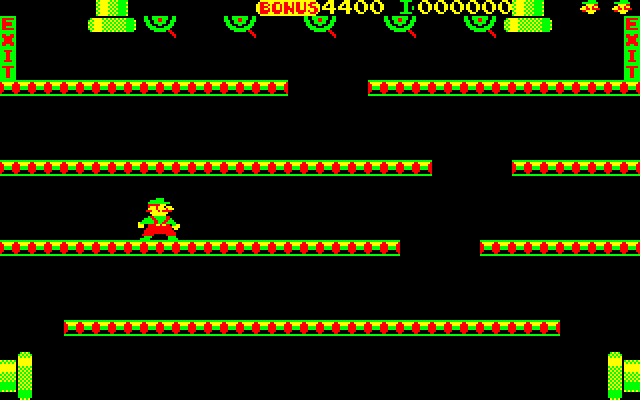 Mario Bros. Special (PC-8000) screenshot: This is stage 1. The goal is to make your way through the moving gaps to the top and flip the switches to open the exit door.