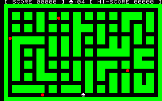 Heiankyo Alien (PC-8000) screenshot: The game begins. The red dots are the aliens and your hero is the "♣" sign.