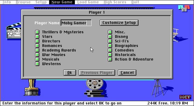 Movies Trivia (DOS) screenshot: Starting a new game. Here the film genres can be customised