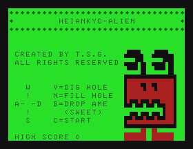 Heiankyo Alien (TRS-80 MC-10) screenshot: The title screen makes a reference to the original coding team, TSG from the University of Tokyo.