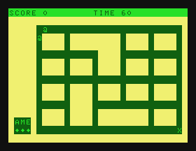 Heiankyo Alien (TRS-80 MC-10) screenshot: City blocks, streets and aliens roaming around. Our protagonist is represented by "X".