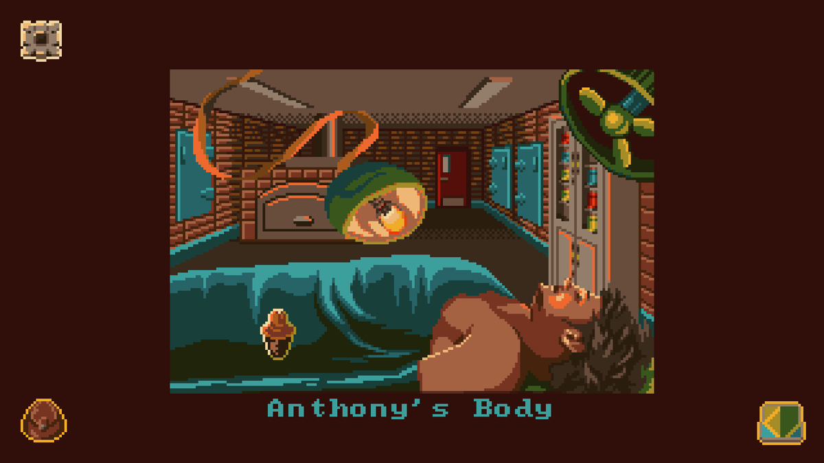 Tommy Gun Witches (Windows) screenshot: Anthony is a murder victim. His body is riddled with bullets from a Tommy Gun.