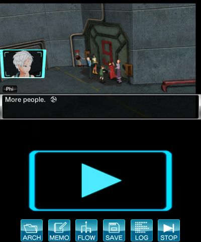 Zero Escape: Volume 2 - Virtue's Last Reward (Nintendo 3DS) screenshot: Phi and Sigma see the other prisoners from afar