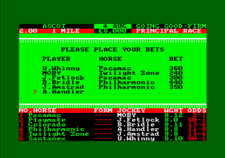 Classic Racing (Amstrad CPC) screenshot: Place your bets!