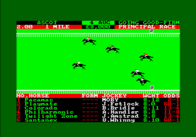 Classic Racing (Amstrad CPC) screenshot: They're underway and our horse is sitting pretty in second.