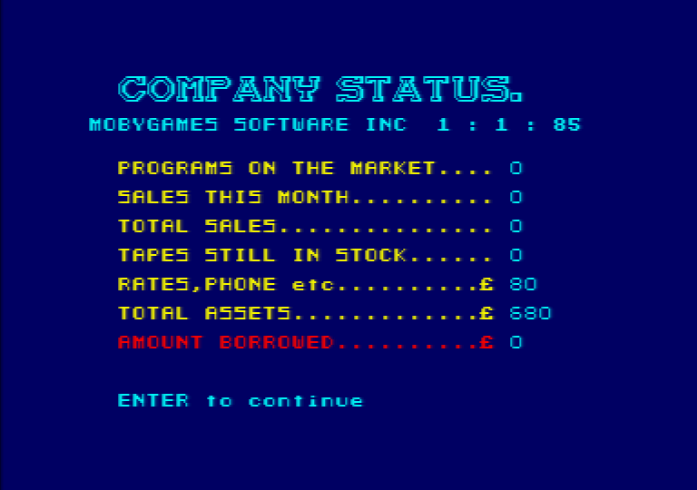 Millionaire (Amstrad CPC) screenshot: Balance Sheet - from small acorns...