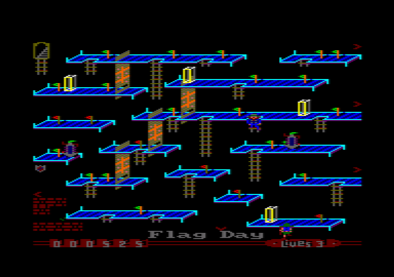 The Scout Steps Out (Amstrad CPC) screenshot: Task 2 - Flag day - scoop them up without getting knocked over