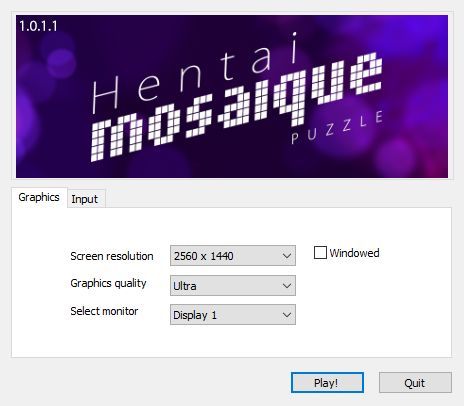 Hentai Mosaique Puzzle (Windows) screenshot: The game starts with this screen which sets the graphics and toggles between Windowed and full screen