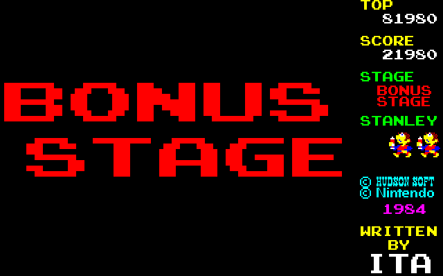 Donkey Kong 3: Dai Gyakushū (PC-88) screenshot: Every five stages a Bonus Stage comes up