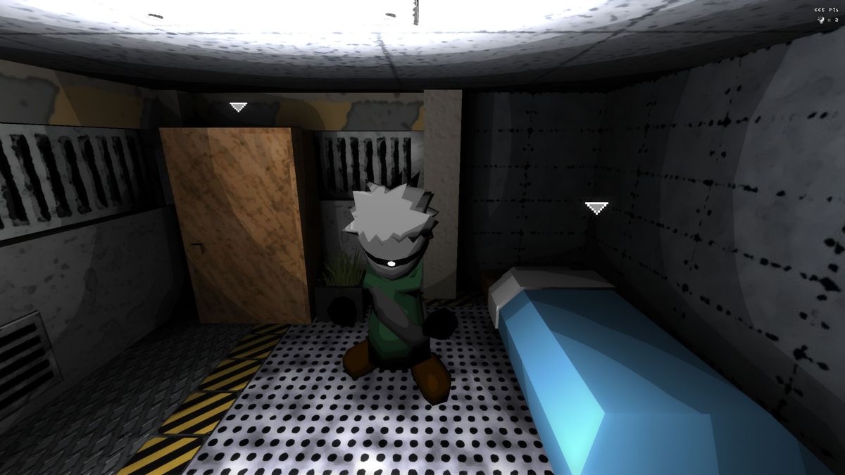 Worlds (Windows) screenshot: This is my character. The triangles indicate that something can be done, I can sleep on the bed and I can change my outfit in the wardrobe