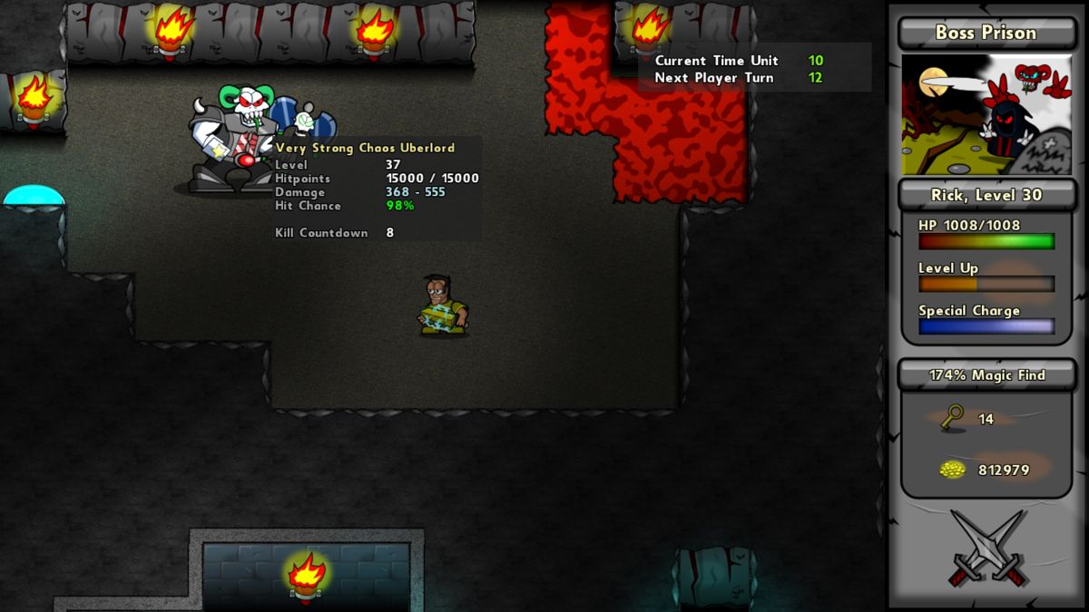 Battlepaths (Windows) screenshot: The Very Strong Chaos Uberlord of the Boss Prison, with stats