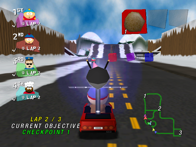 South Park Rally (Dreamcast) screenshot: Stan gets an anal probe to make the other players sing as clown.