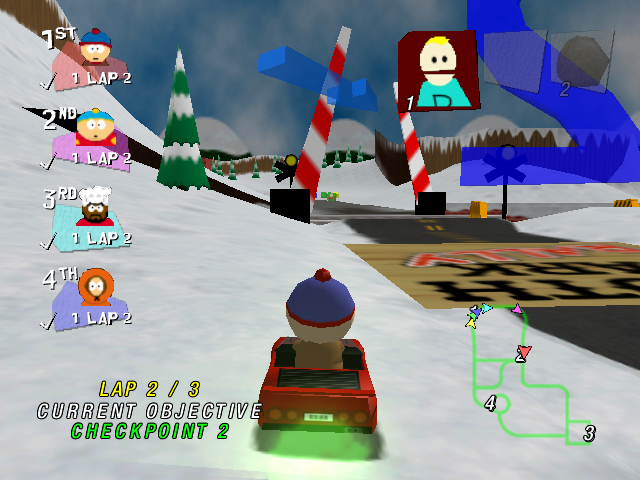 South Park Rally (Dreamcast) screenshot: Stan uses the Phillip fart to gain speed.