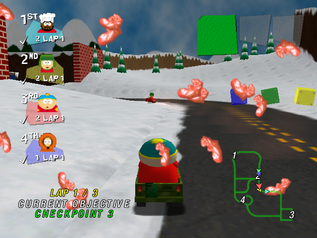 South Park Rally (Dreamcast) screenshot: If old Frida touches you, you'll have variherpes.