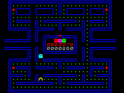 Gobble A Ghost (ZX Spectrum) screenshot: A game has three lives. Dots chomped in one life are not replaced when the next life starts. Here for example the final life has just begun and this shot shows the dots chomped in lives 1 & 2
