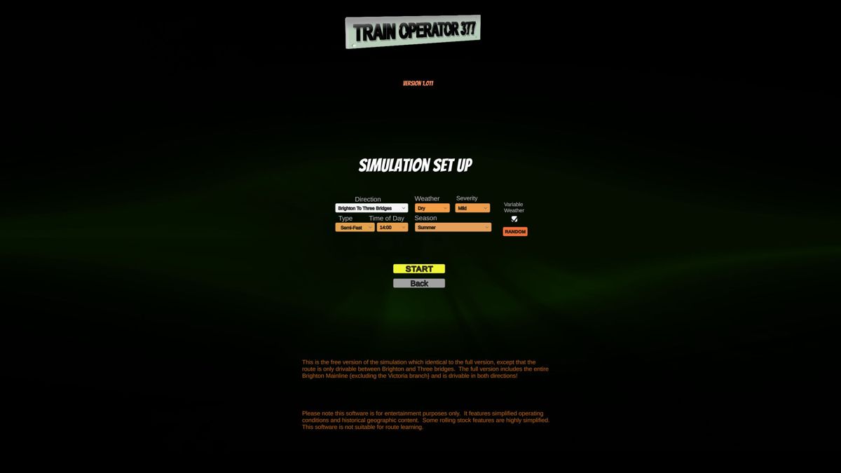 Train Operator 377: Free Version (Windows) screenshot: The simulation configuration screen. When the start button is pressed a LOADING message is displayed for quite a while